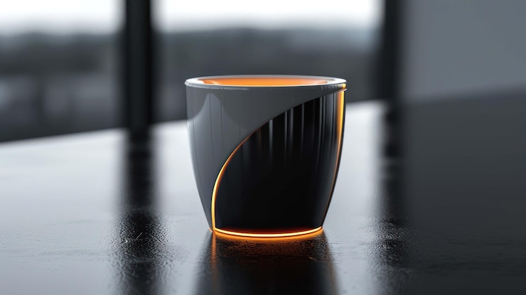 PSD una taza blanca moderna con un interior negro y un brillo naranja sentada en una mesa negra frente a una ventana
