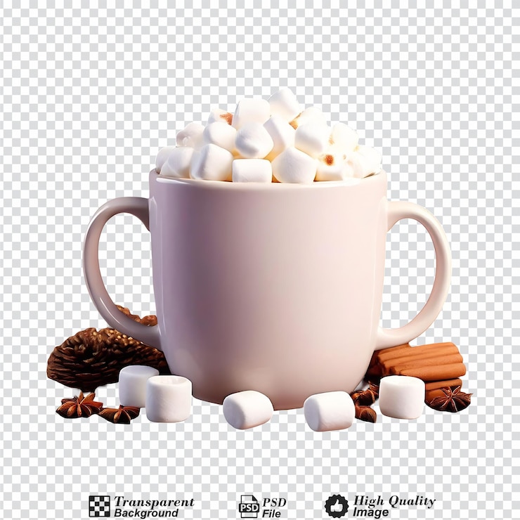 PSD taza con cacao caliente y malvaviscos aislados en un fondo transparente