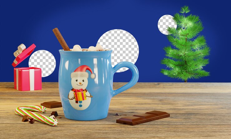 PSD taza de cacao con malvaviscos en una mesa de madera, render 3d. tarjeta de felicitación de navidad.