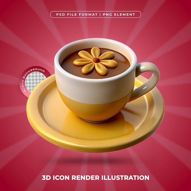 Taza de café 3D con arte floral y ilustración PNG estética