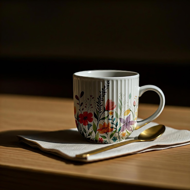 PSD taza de café artística en una mesa de madera a la luz del sol