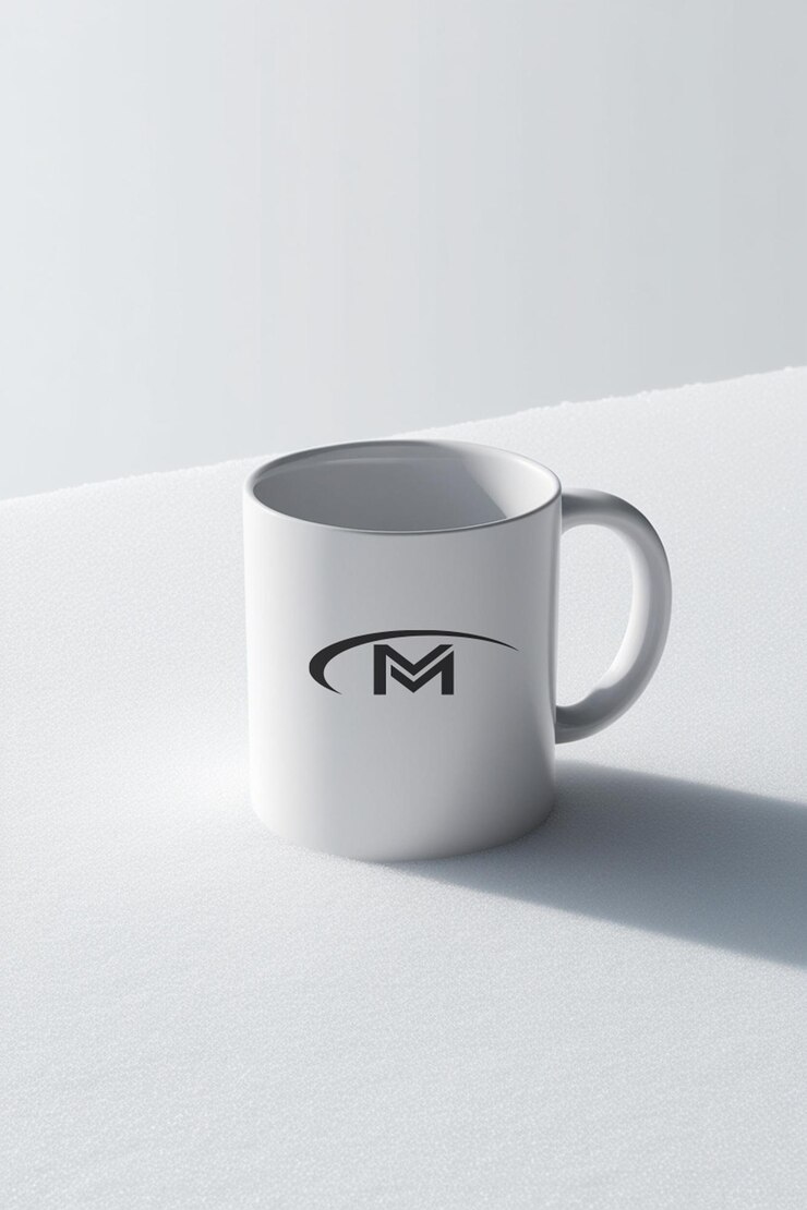 una taza de café blanca con una letra m en ella