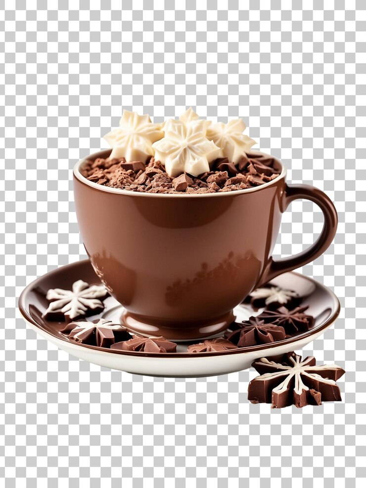 PSD una taza de café con chocolate y chocolate en un platillo aislado en un fondo transparente