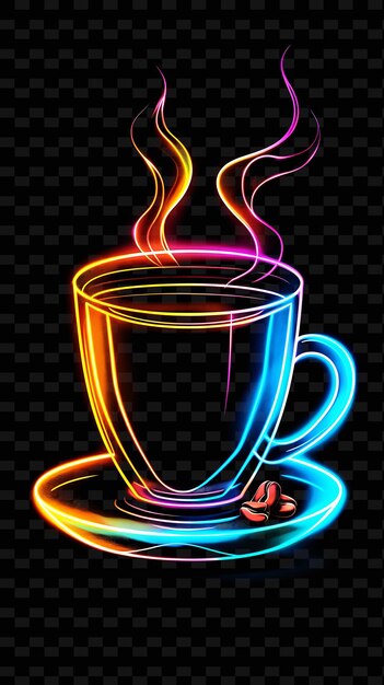 Una taza de café colorida con luces de neón coloridas en un fondo negro