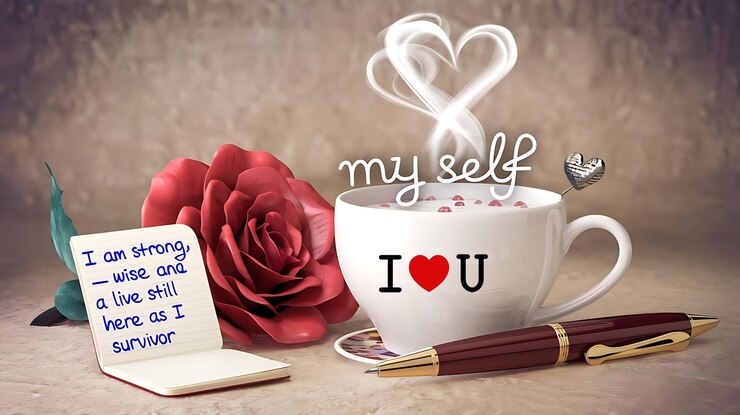 PSD una taza de café con un corazón que dice que amo a mi propio