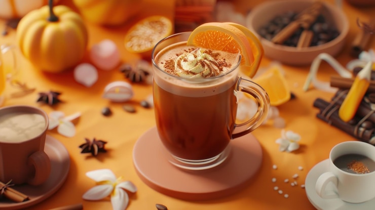 PSD una taza de café con crema batida canela y una rodaja de naranja en la parte superior