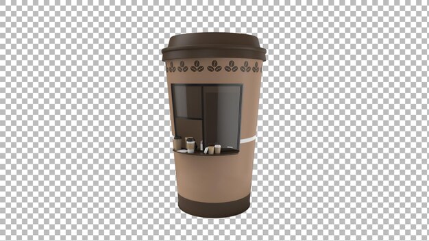 Una taza de café estilizada con una ventana de servicio diseñada para una cafetería o quiosco