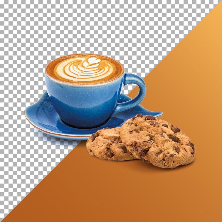 PSD una taza de café y una galleta con una imagen de una tazón de café y galleta