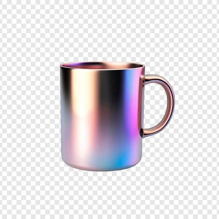 PSD taza de café con gradiente de metal iridescente recipiente de bebidas de colores brillantes