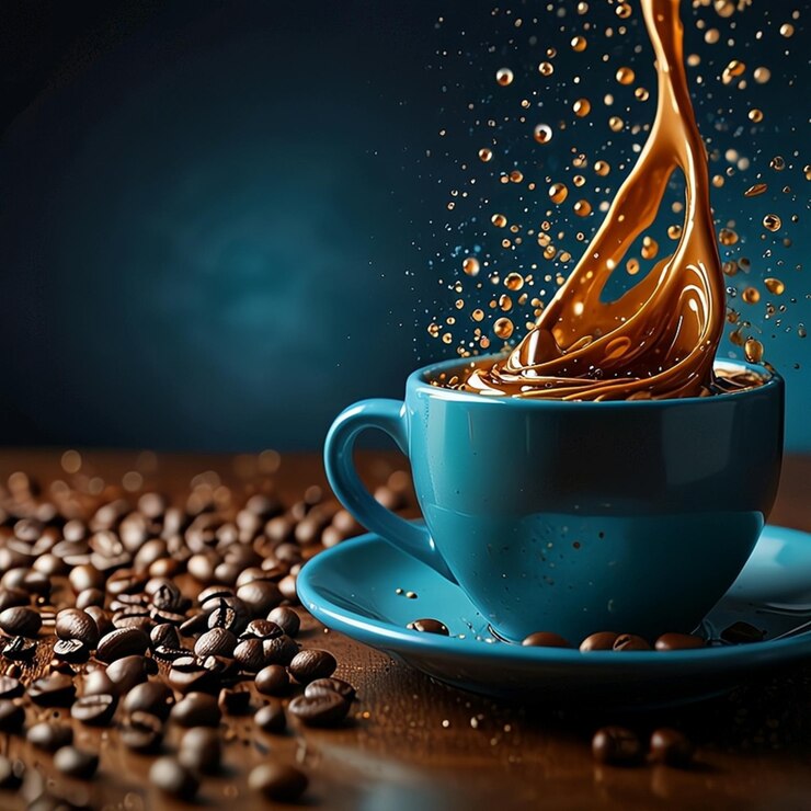 PSD una taza de café con granos de café y un fondo azul