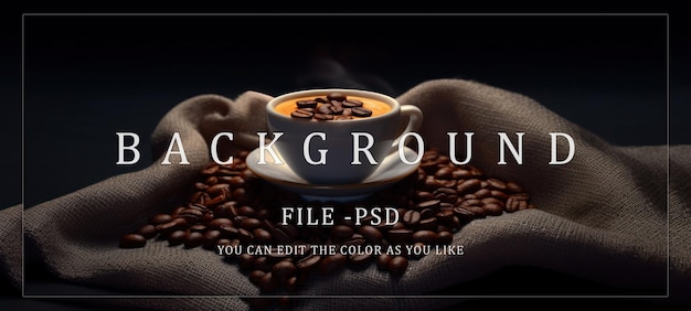 PSD taza de café y granos de café con saco de tela de fondo oscuro