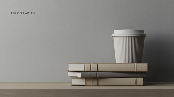 PSD taza de café en libros en un estante de madera contra una pared gris