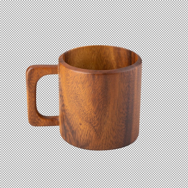 Taza de café de madera marrón aislada en vista lateral de primer plano de fondo alfa