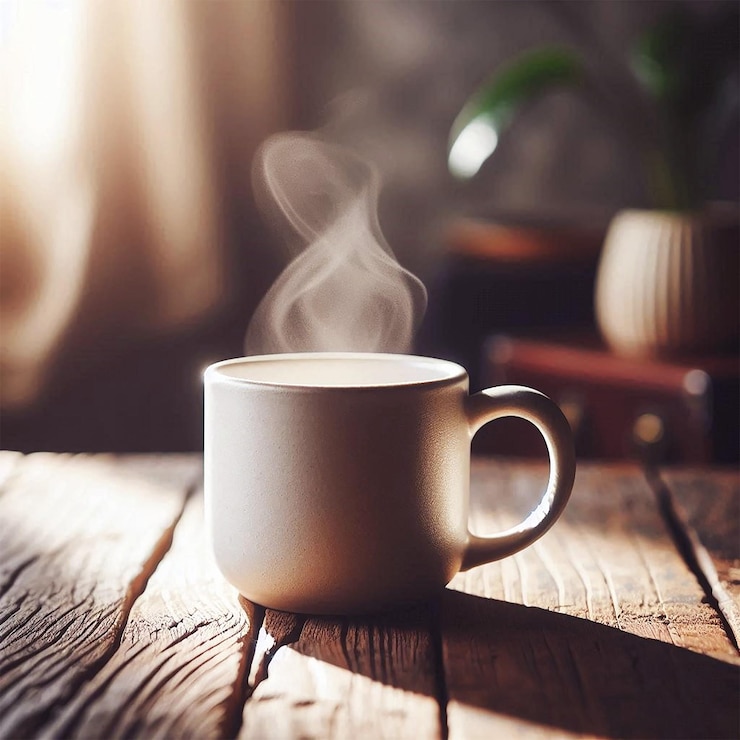 PSD una taza de café en una mesa con una planta al fondo