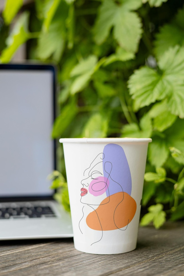 PSD taza de café con mujer ilustración psd mockup