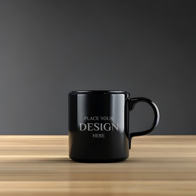 Taza de café negra o maqueta de taza vacía en la mesa de madera