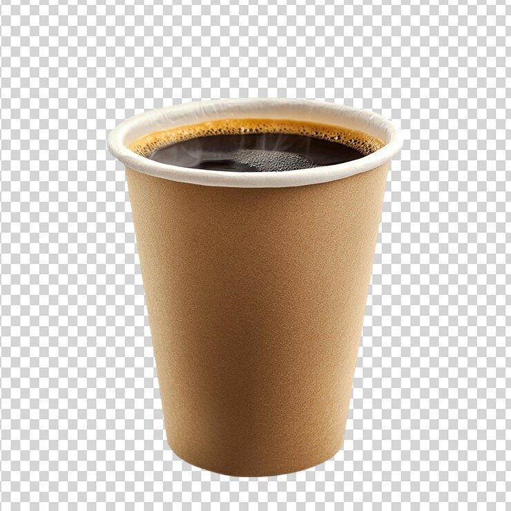 PSD taza de café negro al vapor en taza de papel desechable aislada sobre un fondo transparente