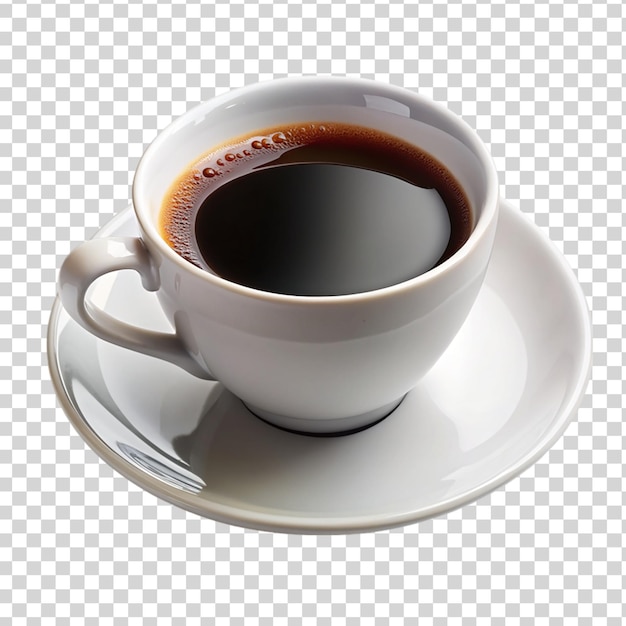 PSD taza de café negro con platillo aislado sobre un fondo transparente