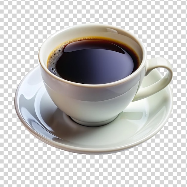 PSD taza de café negro con platillo aislado sobre un fondo transparente