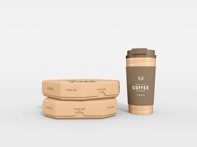 Taza de café de papel con bolsa y caja de entrega de pizza mockup de marca