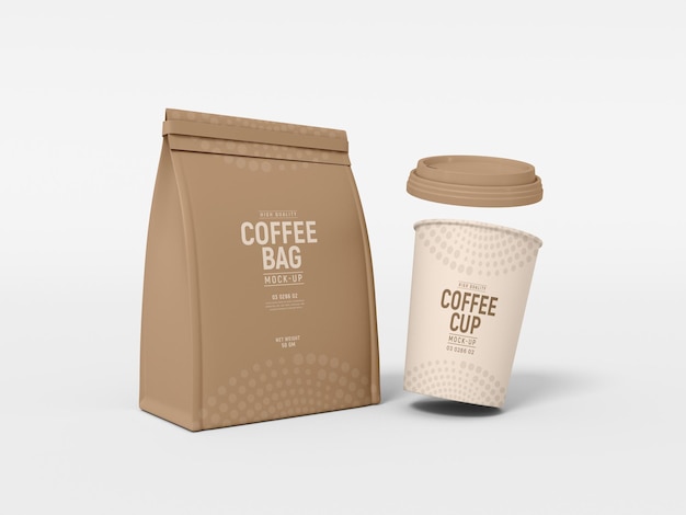 Taza de café de papel para llevar y maqueta de marca de bolsa de café