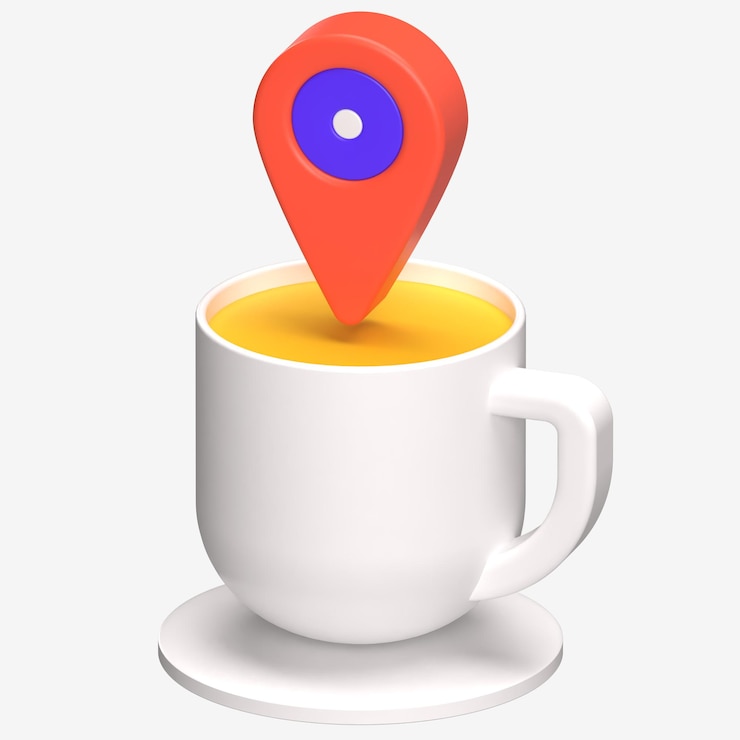 PSD taza de café con pin de ubicación