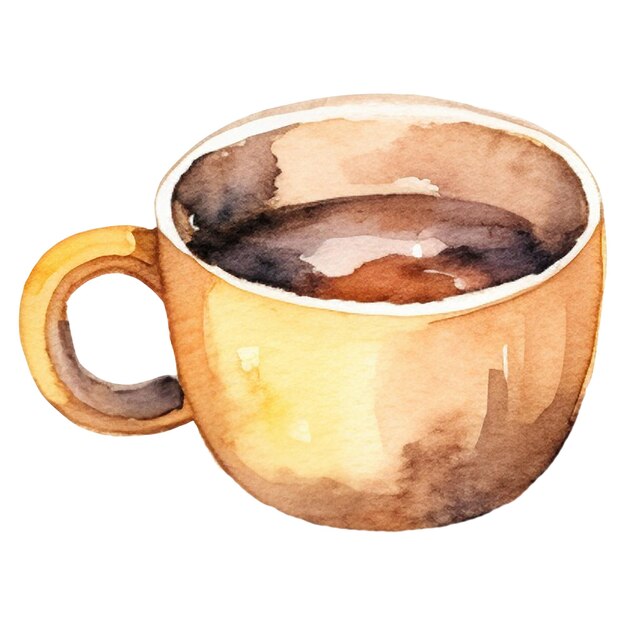 Taza de café pintada en acuarela, elemento de diseño dibujado a mano aislado sobre un fondo transparente