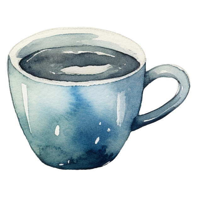 Taza de café pintada en acuarela, elemento de diseño dibujado a mano aislado sobre un fondo transparente