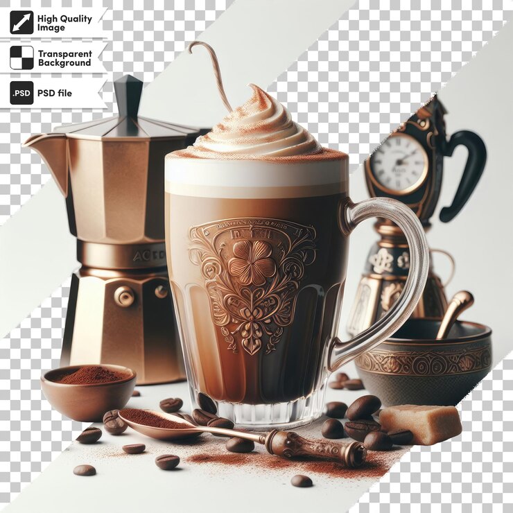 PSD taza de café psd con leche en fondo transparente con capa de máscara editable