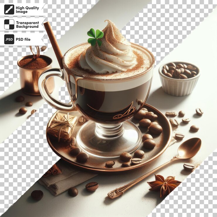 PSD taza de café psd con leche en fondo transparente con capa de máscara editable