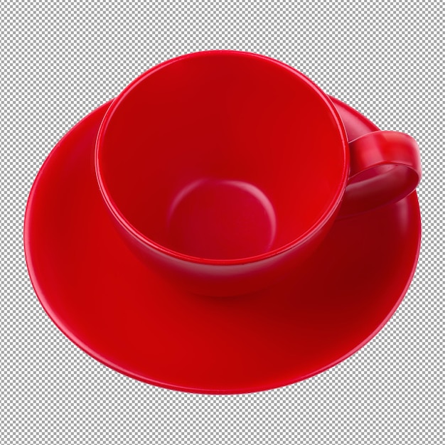 PSD taza de café roja y plato aislado sobre fondo alfa