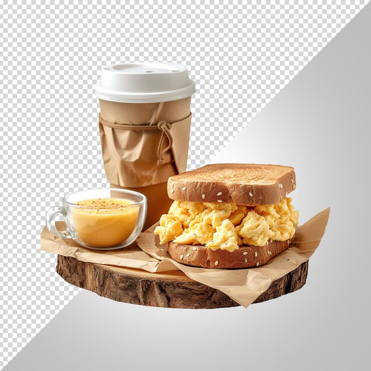 PSD una taza de café y un sándwich en un tablero de madera con una tazón de café