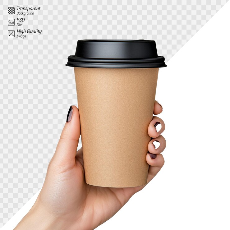 PSD taza de café sostenida a mano con fondo transparente para diseño gráfico