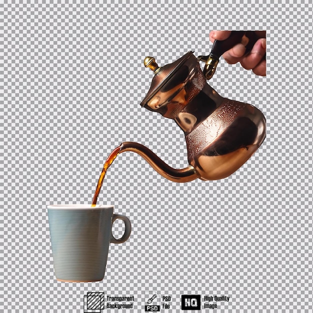 Una taza de café vintage vertiendo en una taza sobre un fondo neutral
