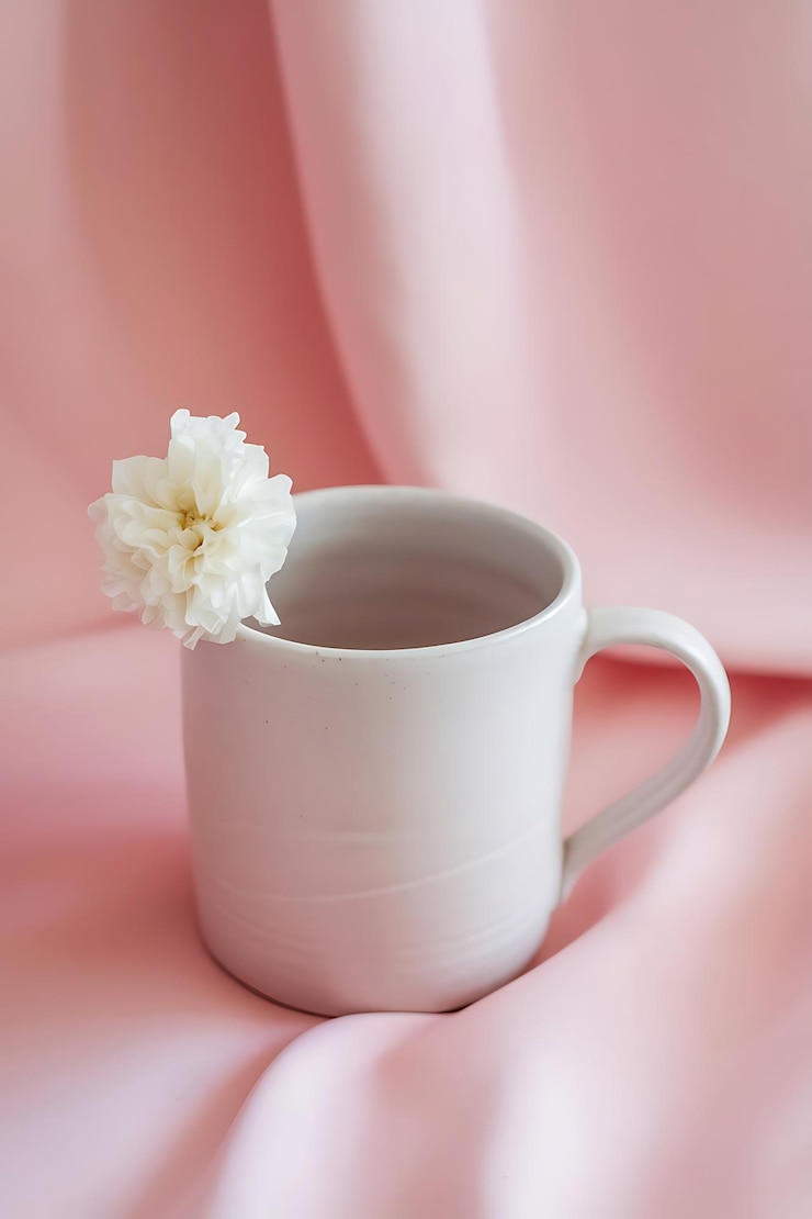 PSD una taza de cerámica con una delicada flor blanca en una maqueta de tela rosa pastel