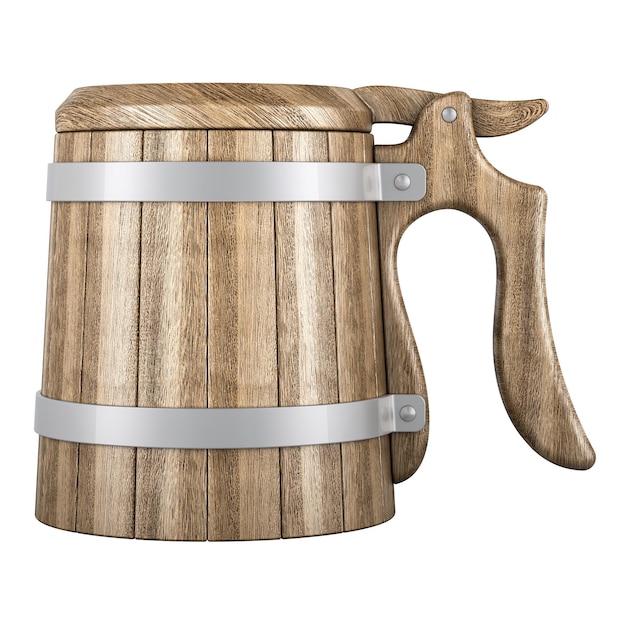 Taza de cerveza de madera con tapa 3D aislada sobre un fondo transparente