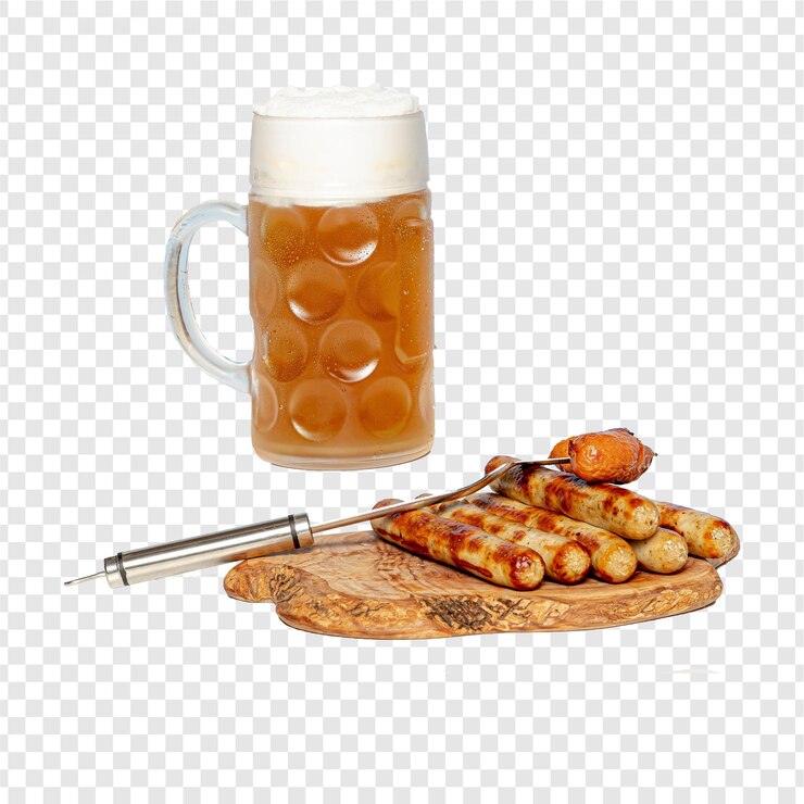 PSD taza de cerveza de pie cerca del plato de aperitivos cerveza oscura con espuma alta y gruesa de pie sobre madera lisa