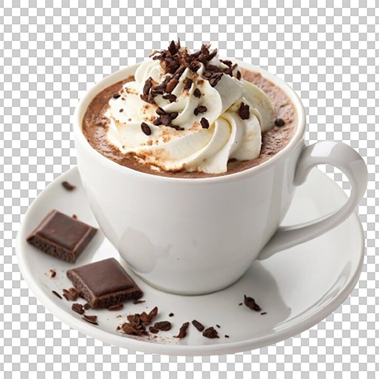 PSD taza de chocolate caliente con crema batida y virutas de chocolate en la parte superior