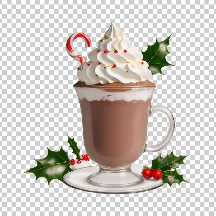 PSD una taza de chocolate caliente con un holly y un holly en él