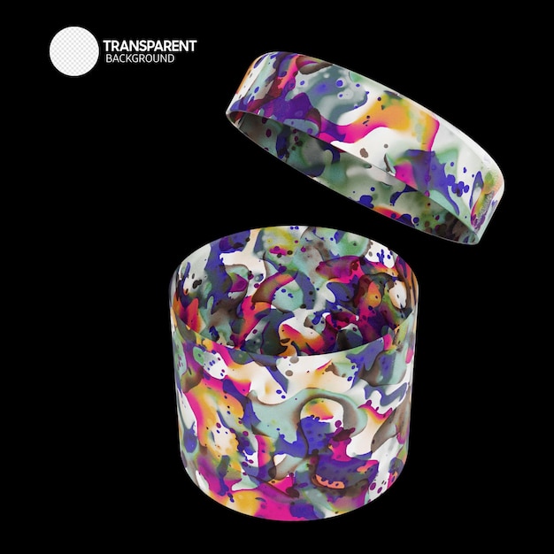 Una taza de colores con un fondo negro que dice fotografía transparente.