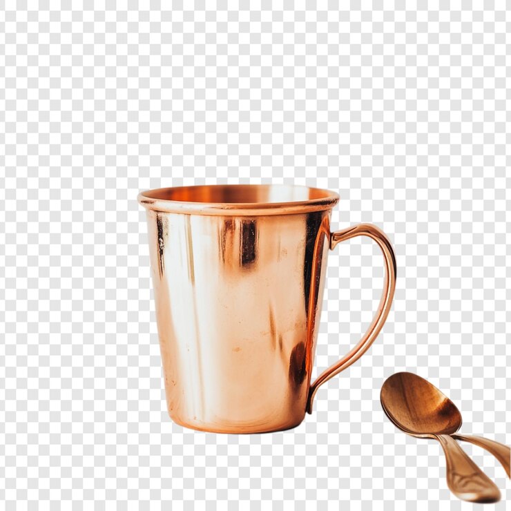 PSD taza y cuchara de cobre, naturaleza muerta