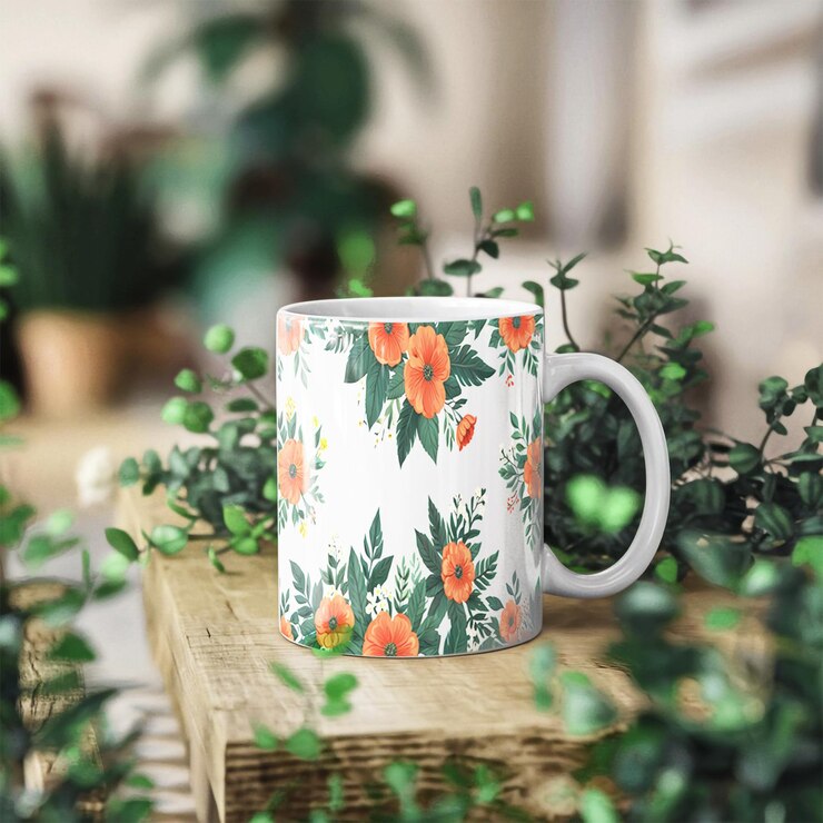 La taza floral se encuentra en una superficie de madera con ramas de lavanda que la rodean