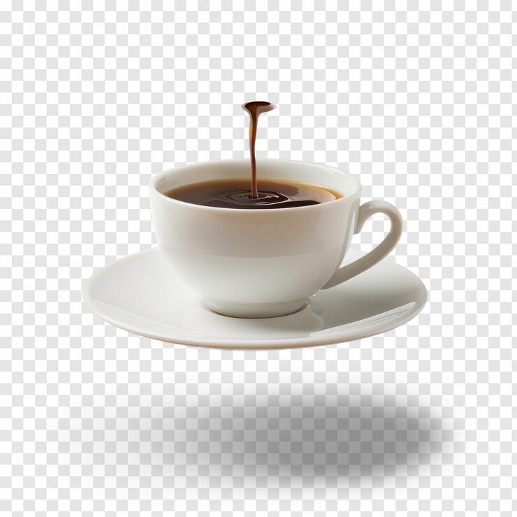 PSD taza flotante de café y plato blanco cayendo sobre el fondo transparente psd