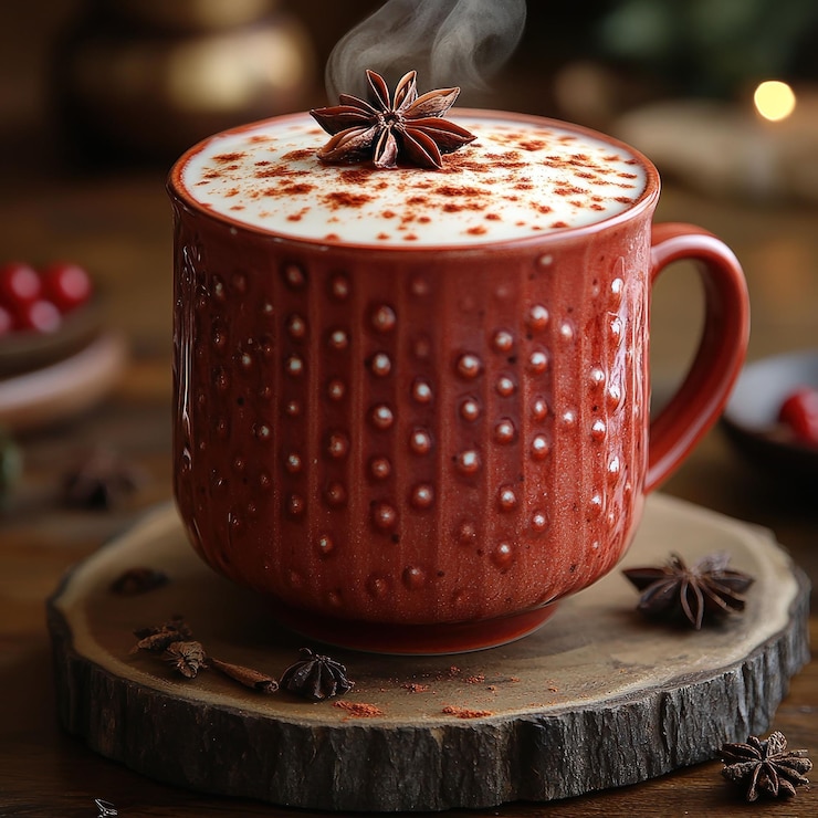 PSD una taza humeante de cacao caliente con especias y un anís estrella y canela