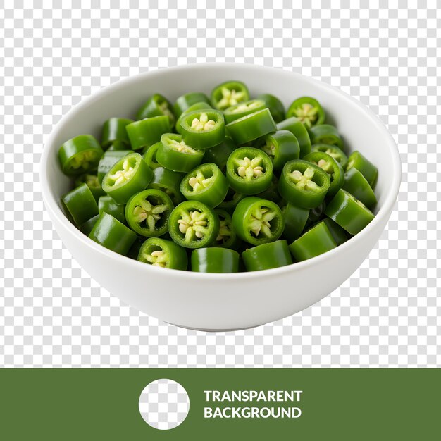 Una taza de jalapenos recién cortados sobre un fondo transparente