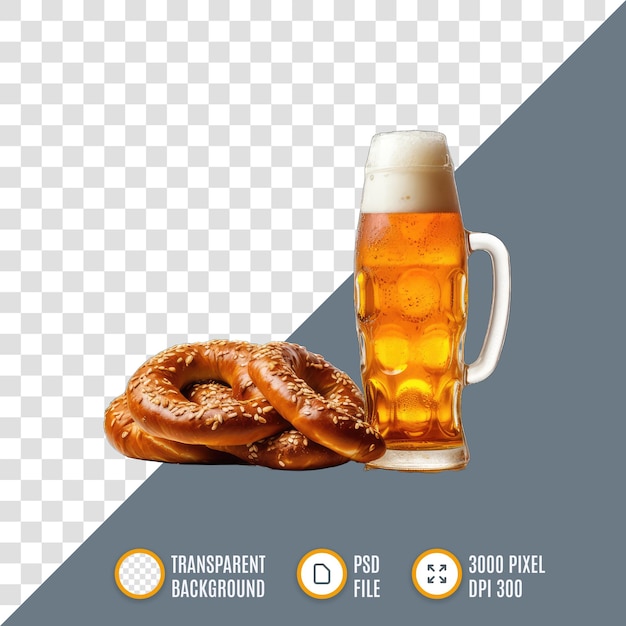 Una taza llena de cerveza con una cabeza espumosa al lado de un pretzel salado