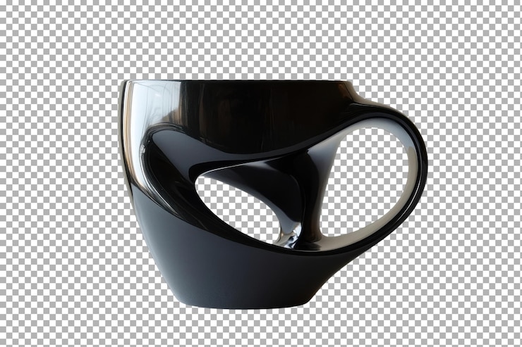 PSD taza moderna de cerámica negra con un diseño único que muestra formas fluidas y mangos contrastantes