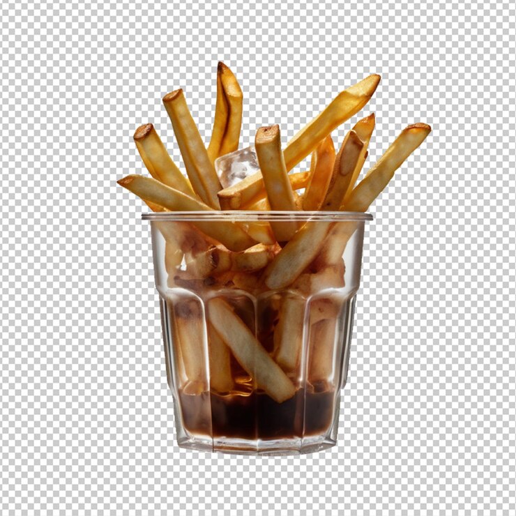 PSD una taza de papas fritas con una bebida en ella