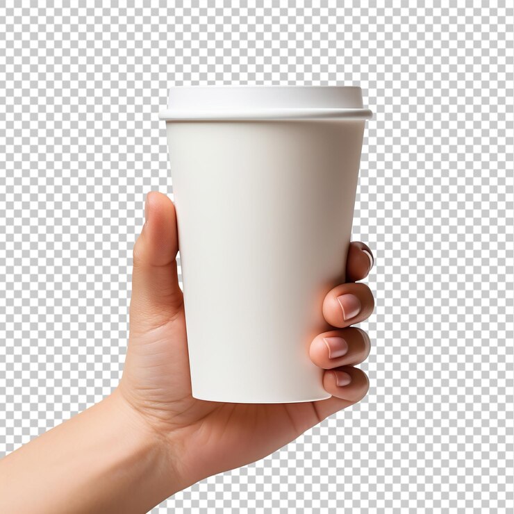 PSD taza de papel con la mano aislada sobre un fondo transparente