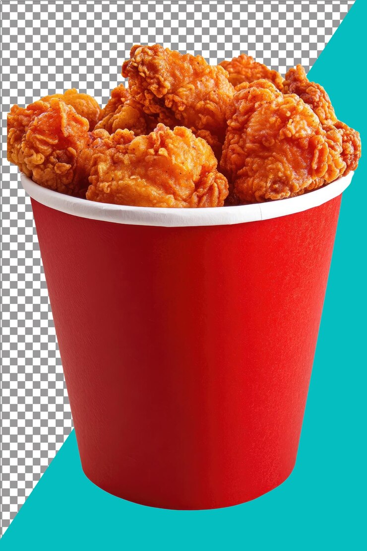 PSD taza de papel rojo que contiene pollo frito crujiente y sabroso ideal para comida rápida hiperrealista aislado